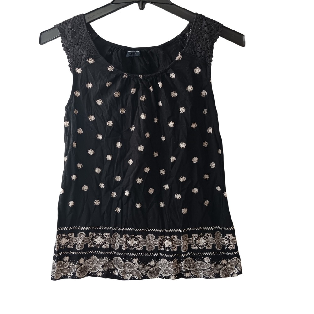 Faded Glory Black Tank Top with Cream Embroidered Dots & Border